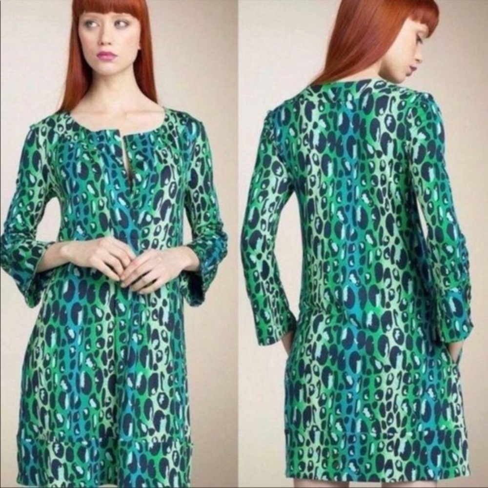 Diane Von Furstenberg GABY Silk Jersey Leopard Blue Green Short Dress Size 4